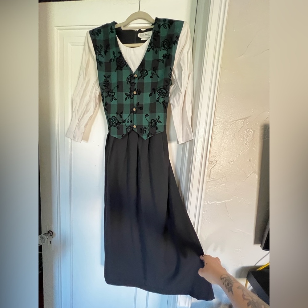 Vintage 80s Miss Dorby Oktoberfest Plaid Floral Maxi Dress Size 10 Green Gingham - Picture 2 of 14